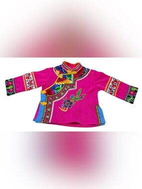 Traditional Hmong Inspired Embroidered Pink Jacket Kids OS Floral Festival